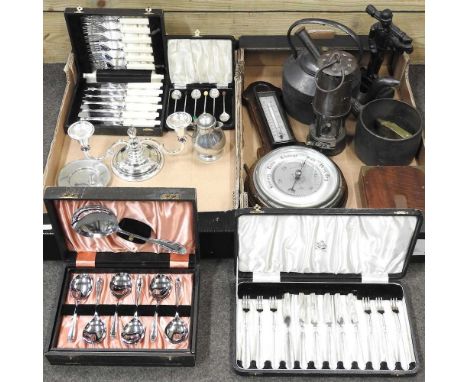 A collection of metalwares, to include a cast iron figural doorstop, kettle, a hurricane lamp and cutlery sets