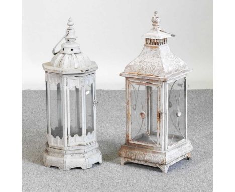 A grey painted metal hanging lantern, together with another similar, 66cm high (2)