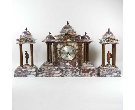 A 19th century marble three piece clock garniture, of architectural form44w x 14d x 43h cm