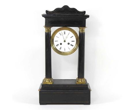 A 19th century ebonised and brass mounted portico clock, with a white enamel dial, 48cm highOverall condition is quite marked