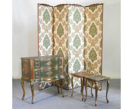 An Italian gilt and green painted serpentine chest, 77cm wide, together with a pair of similar occasional tables and a four-f