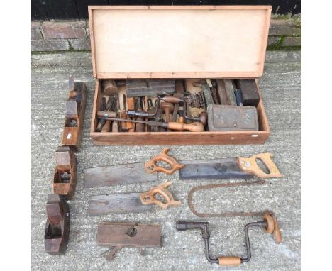 A collection of hand tools, to include woodworking planes and a carpenters tool box