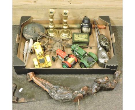 A vintage metal oil can, by Kays, together with another, model tractors and metal wares