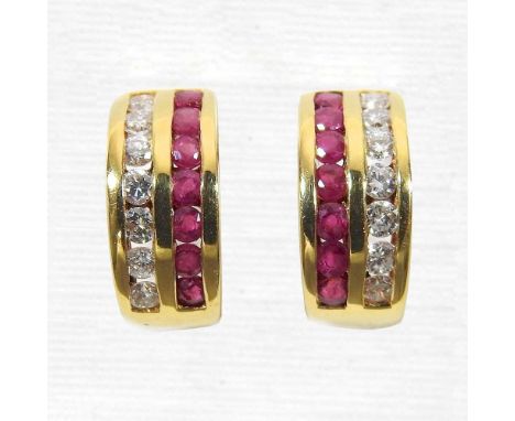 A pair of 18 carat gold diamond and gem set half hoop cuff earrings, 3g, boxed