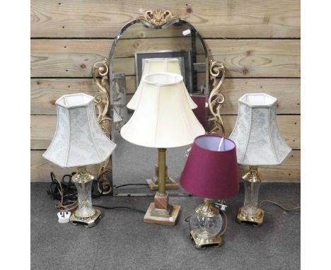 A brass mounted marble table lamp and shade, 57cm high overall, together with three various table lamps and a bevelled glass 