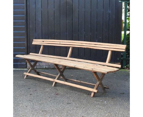 A vintage wooden cricket bench, 249cm wide