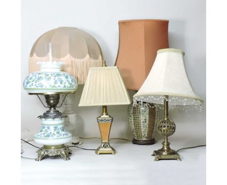 A collection of table lamps and various shades, to include a white pottery lamp, 55cm high