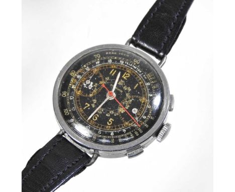 An early 20th century Marvin military issue aviator chronograph wristwatch, having a signed 35mm black dial, the case numbere