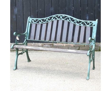 A green painted metal and slatted wood garden bench, 127cm wide