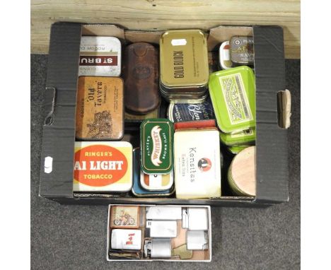 A collection of tobacco tins, together with a collection of vintage lighters
