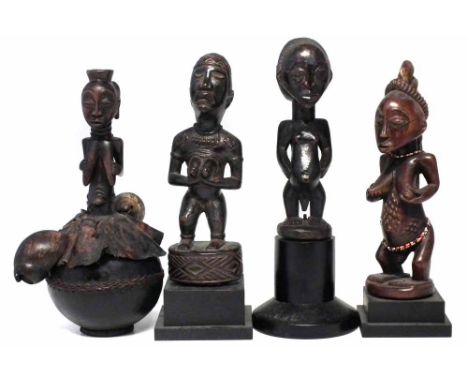Yombe female figure, also two Luba / Hemba figures calabash figure and one other figure, the tallest measures 36cm high inclu