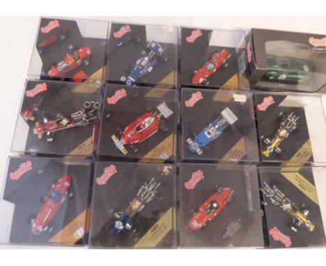 Eleven Quartzo classics mainly F1 cars, Graham Hill, Jackie Stewart etc. and Aston Martin DBR1, all boxed. Condition report: 