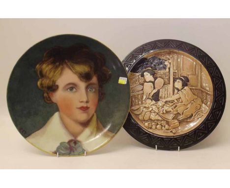 Worcester Royal porcelain works plaque painted with a portrait, also a Bretby moulded plaque. Condition report: see terms and