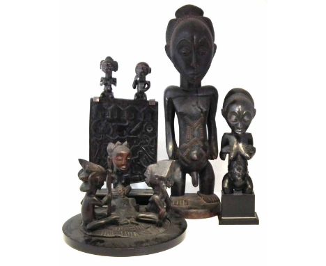 Group of Luba / Hemba items, to include a large male figure, female figure, a memory board topped with two figures and a fune