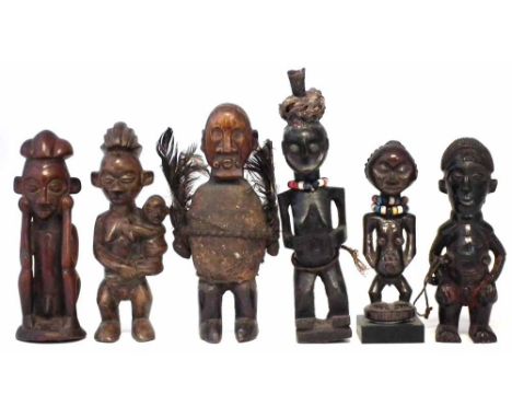 Six figures carved in the Teke, Yaka, Luba, Lulua tribal styles, 29cm max height       All lots in this Tribal and African Ar