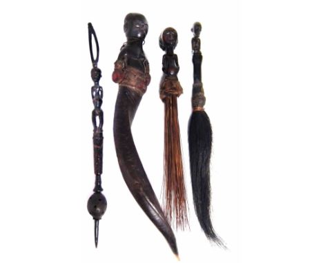 Lulua wand, a Luba / Hemba fly whisk and one other, also a figure atop a horn, the horn measures 57cm high     All lots in th