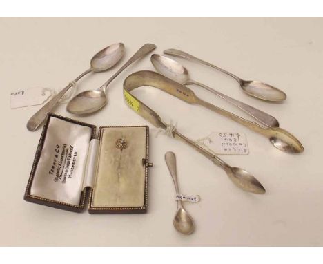 Silver sugar tongs, also three teapoons, a mustard spoon and a cased stick pin. Condition report: see terms and conditions