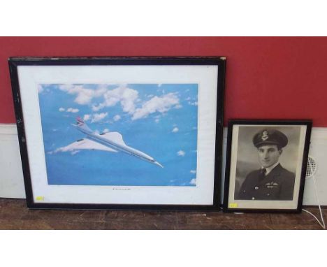 Famed coloured print of Concorde signed by Pilot Brian Trubshaw and an old RAF photogaph of him. Condition report: see terms 