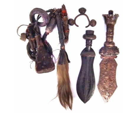 Kuba knife, also another similar dagger, also a Yoruba bell bangle, and a fly whisk chain.     All lots in this Tribal and Af