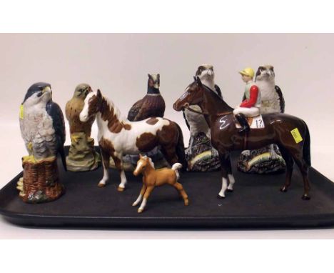 Three Royal Doulton Whyte & Mackay scotch whiskey birds, two Beswick horses etc. Condition report: see terms and conditions