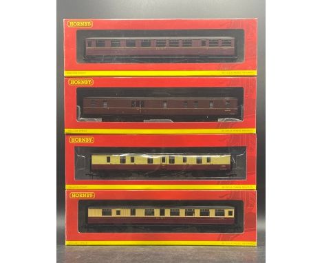 A rake of four boxed Hornby coaches(900g)Hornby R4409 Hawksworth passenger full brake in BR maroon W322WHornby R4263A BR 61ft