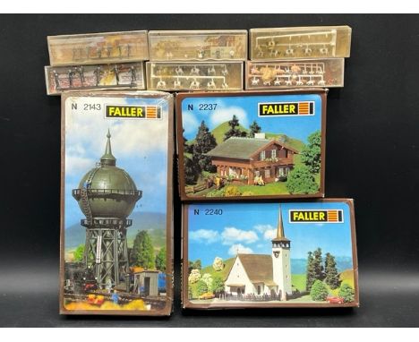 N gauge Trackside Faller kits and un-used figures(650g)Faller N2143 Water Tower - sealedFaller N2237 House - contents not che