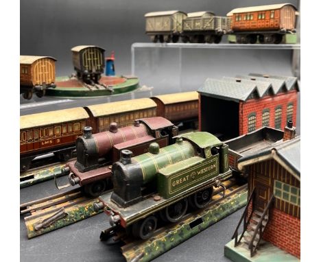 Pre-war Bing gauge OO 3-rail electric railway to including LMS 2-4-0 and Great Western 2-4-0 Locomotives with 13 Rolling stoc