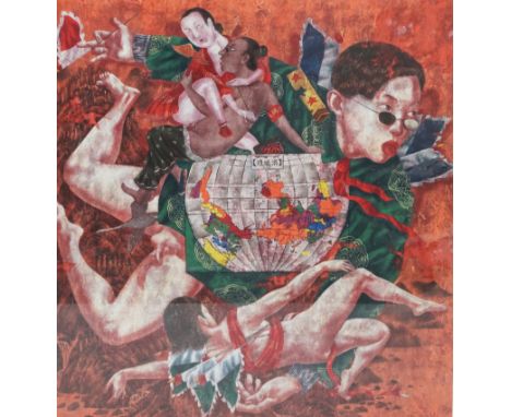 Lu Peng (Chinese, b.1967), ink and colour on paper, abstract figure scene, stamped with artist's seal and inscribed "Created 