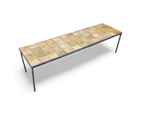 Manner of Roger Capron (French), an Iron and ceramic tile top  table, 76cm wide. Condition - fair