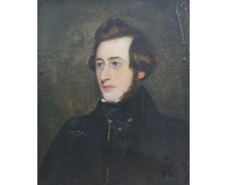 Early to mid 19th century oil on board, Head and shoulders portrait of a gentleman, unsigned, 59 x 49cm, ornate gilt frame. C