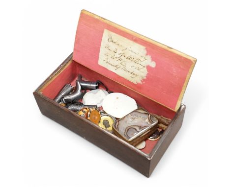 A 19th century yellow metal mounted intaglio pendant, assorted unmounted cameos, snuff box and collectables. Condition - vari
