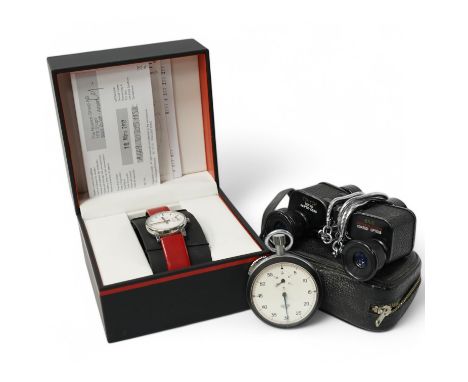 Sundry items comprising a gent's dress watch, Heuer stopwatch and opera glasses. Condition - varies