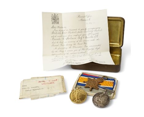 A posthumous First World War medal trio awarded to PTE. R. Holmes Oxf. &amp; Bucks. L.I., together with the issuing letter, t
