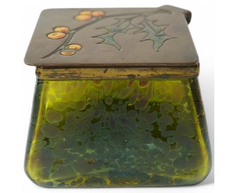 A Loetz glass and brass lidded box, 9.5cm wide. Condition - lid detached