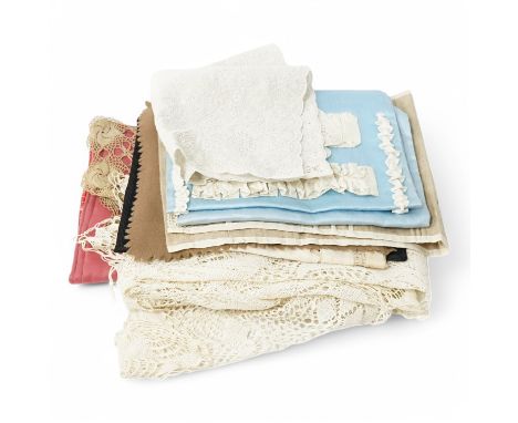 A collection of school sewing samplers and a hand-worked handkerchief, etc. Condition - fair/good