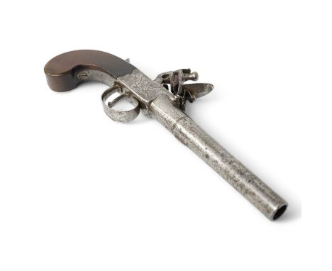 A 16 bore boxlock flintlock overcoat pistol by Ezekiel Baker, with turn off barrel, 11.5cm, London proved, frame signed withi