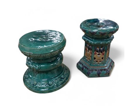 Two Chinese ceramic turquoise glazed garden seats, largest 41cm high. Condition - fair