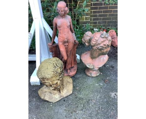Three cast garden ornaments, largest height 76cm. Condition - fair to good
