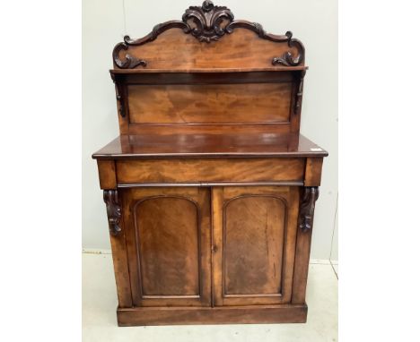 A Victorian mahogany chiffonier, width 91cm, depth 42cm, height 145cm. Condition - fair, plinth foot damaged