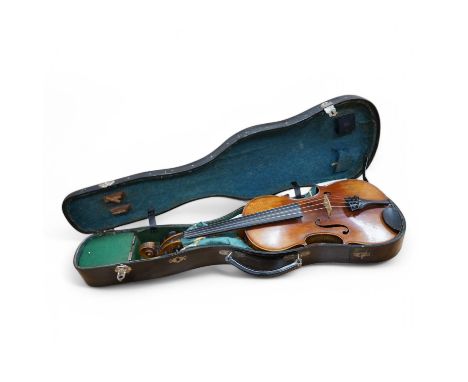 A cased viola, label to interior reads ‘CHR Aug Hammig violin u cellofabrikant, Markneukirchen’, back 39cm. Condition - fair 