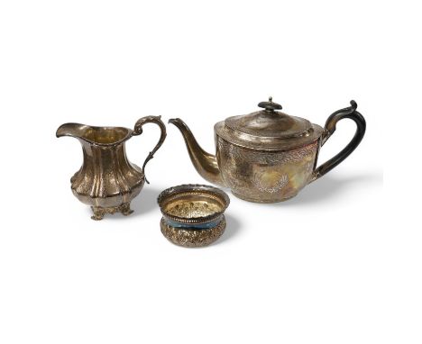 A George III engraved silver oval teapot, by John Eames, London, 1803, together with an early Victorian engraved silver milk 