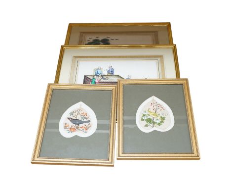 Chinese School, pair of pith paper paintings, to include Figures hunting, together with a pair of paintings on leaves, Birds 