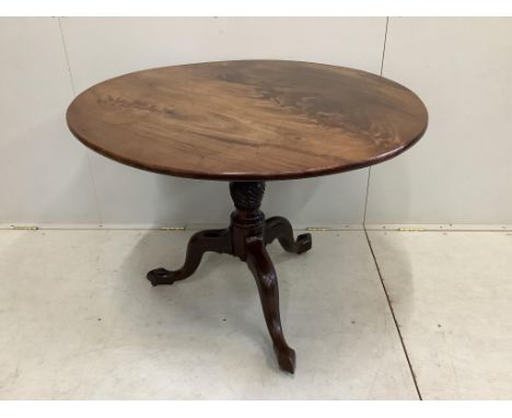A George III circular mahogany tilt top tripod tea table, diameter 99cm, height 75cm together with four George III mahogany d