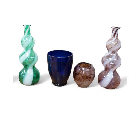 Two Italian Empoli glass bottles and two other vases, largest 40cm high. Condition - good