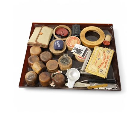 A collection of kitchenalia and sundry items include wooden bottle tops and pegs. Condition - mostly fair