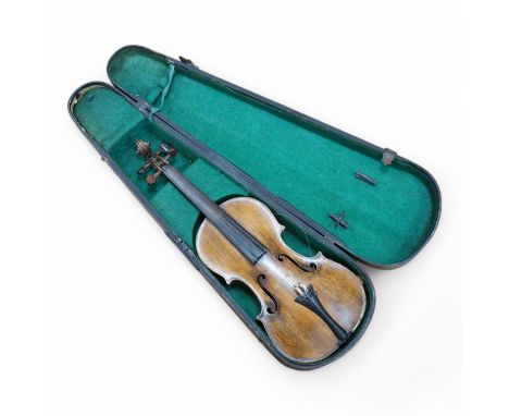 A cased 19th century French violin, back, 36cm.  Condition - fair