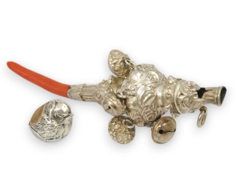A small Edwardian silver mounted 'hatching chick' pin cushion, Sampson Mordan &amp; Co, Chester, 1907, height 17mm, together 