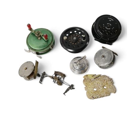 Sundry items comprising five fishing reels, a Chinese silver sedan chair and a Chinese jade comb. Condition - mostly fair