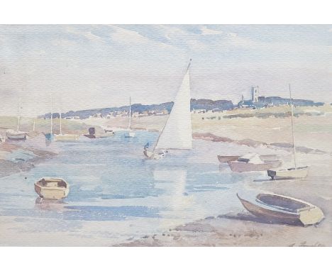 Albert Houghton (1906-1997) Wapping Group, watercolour, Riverscape with sailing boats, signed, 24 x 35cm. Condition- fair