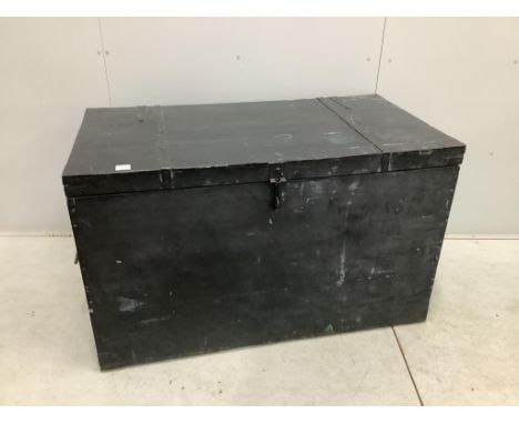 An early 20th century iron bound painted wood trunk, width 125cm, depth 67cm, height 75cm.Provenance - Harrison Zoological Mu